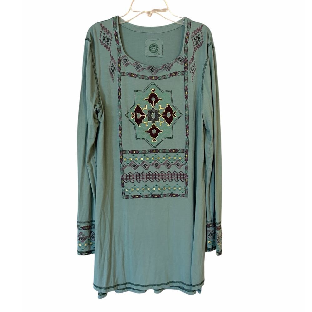 Double D Ranch Womens Size Small Teal Green Embellished Western Tunic Top